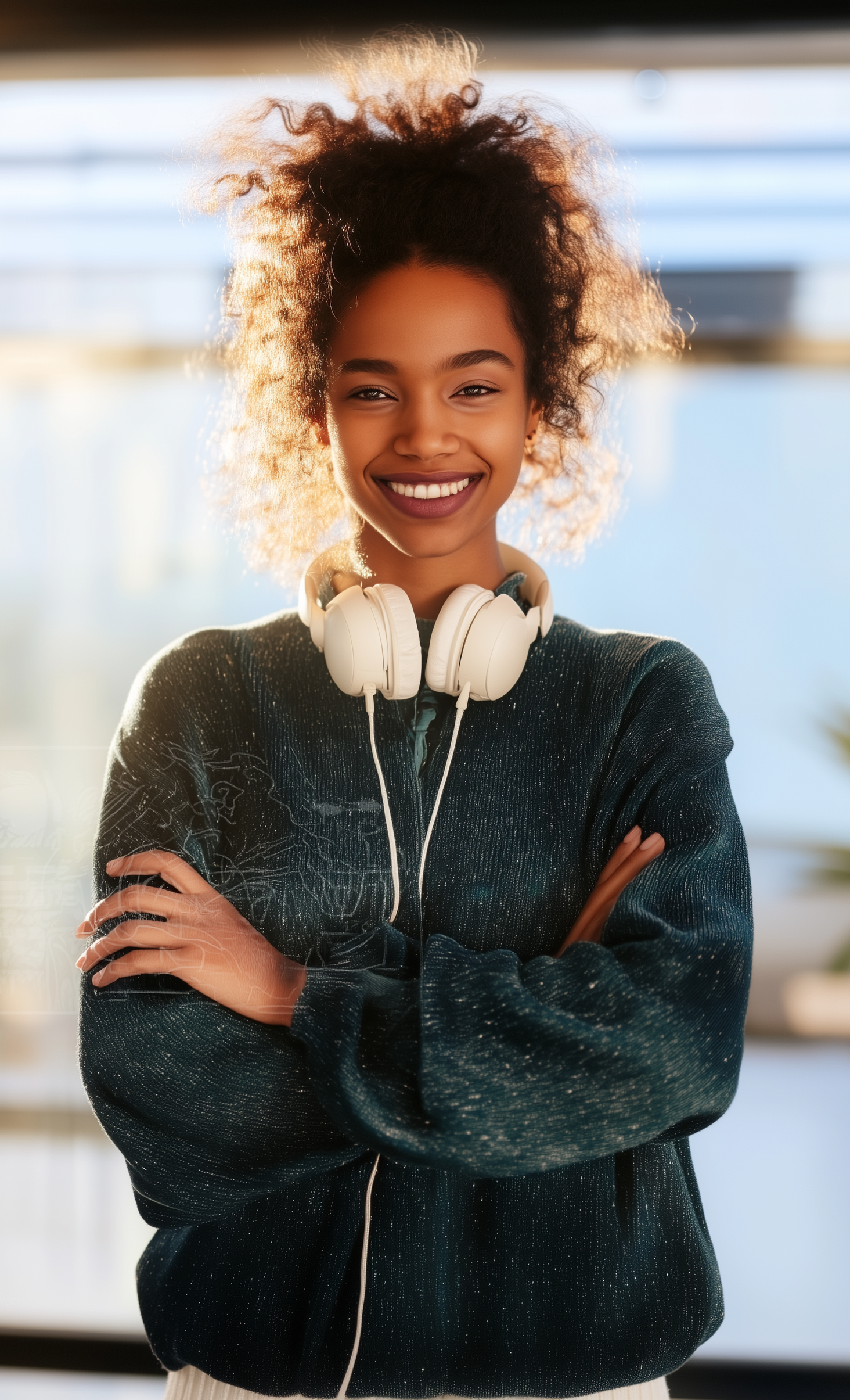 Woman with headphones smiling with crossed arms after a pregnancy test at GA Wellness.